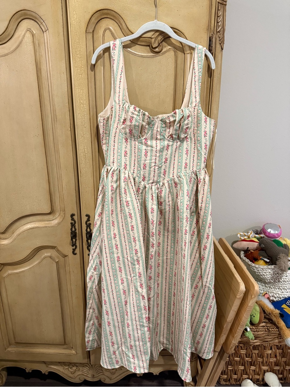 VICI Cream Floral Stripe Dress with Pink and Green Accents